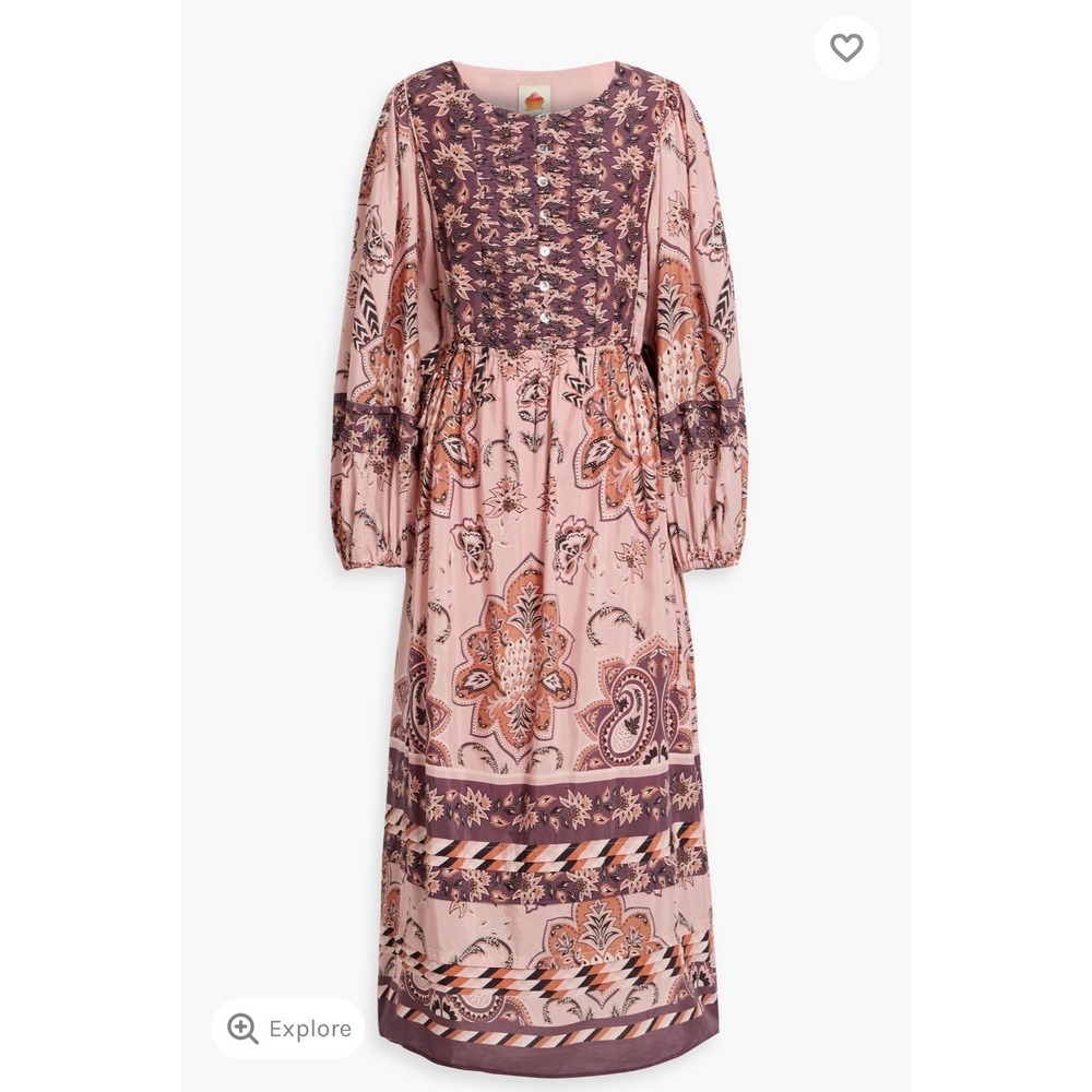 FARM Rio Pintucked paisley cotton voile maxi dress L bohemian prairie